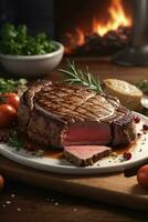 Grilled medium sirloin steak on white plate and wooden table photo