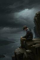 man suffering illustration on the cliff photo