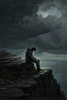 man suffering illustration on the cliff photo