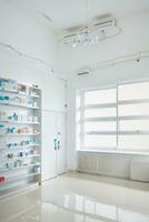 Counter store table pharmacy background shelf drug medical shop drugstore photo