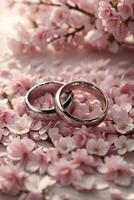 photo wedding rings on sakura cherry blossom petals flower bouquet