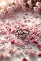photo wedding rings on sakura cherry blossom petals flower bouquet