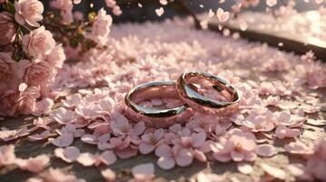 photo wedding rings on sakura cherry blossom petals flower bouquet