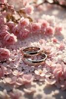 photo wedding rings on sakura cherry blossom petals flower bouquet