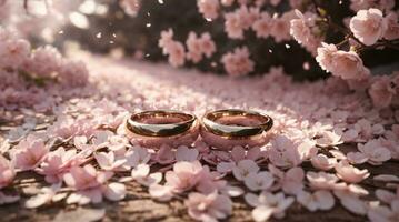 photo wedding rings on sakura cherry blossom petals flower bouquet