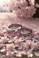 photo wedding rings on sakura cherry blossom petals flower bouquet