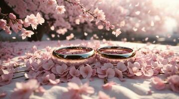 photo wedding rings on sakura cherry blossom petals flower bouquet