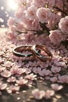 photo wedding rings on sakura cherry blossom petals flower bouquet