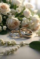 photo two wedding rings lie on a wedding bouquet