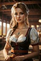 happy bavarian woman holding beer mugs on octoberfest photo