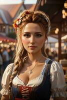 happy bavarian woman holding beer mugs on octoberfest photo