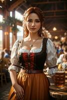 happy bavarian woman holding beer mugs on octoberfest photo