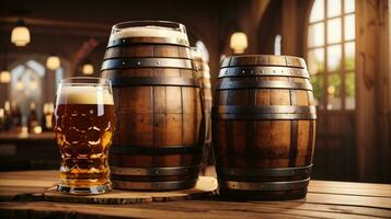 realistic oktoberfest beer barrel with beer glasses on wooden table photo