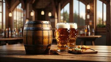 realistic oktoberfest beer barrel with beer glasses on wooden table photo