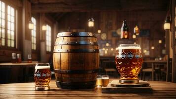 realistic oktoberfest beer barrel with beer glasses on wooden table photo