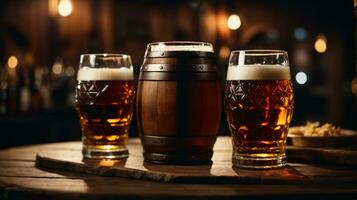 realistic oktoberfest beer barrel with beer glasses on wooden table photo