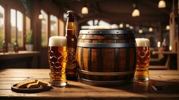 realistic oktoberfest beer barrel with beer glasses on wooden table photo