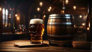 realista Oktoberfest cerveza barril con cerveza lentes en de madera mesa foto