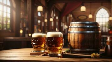 realistic oktoberfest beer barrel with beer glasses on wooden table photo