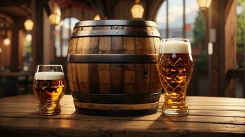 realistic oktoberfest beer barrel with beer glasses on wooden table photo