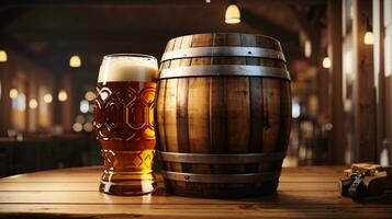 realistic oktoberfest beer barrel with beer glasses on wooden table photo