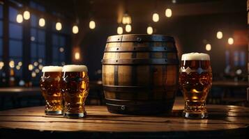 realistic oktoberfest beer barrel with beer glasses on wooden table photo