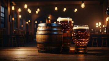 realistic oktoberfest beer barrel with beer glasses on wooden table photo