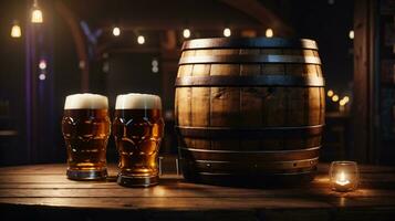 realistic oktoberfest beer barrel with beer glasses on wooden table photo