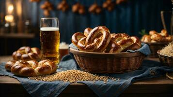 oktoberfest arrangement with delicious pretzel and beer festival photo