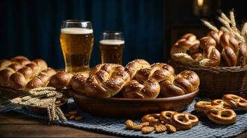 oktoberfest arrangement with delicious pretzel and beer festival photo