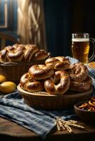 oktoberfest arrangement with delicious pretzel and beer festival photo