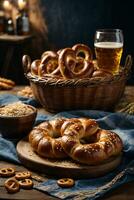 oktoberfest arrangement with delicious pretzel and beer festival photo