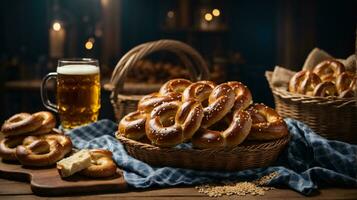 oktoberfest arrangement with delicious pretzel and beer festival photo