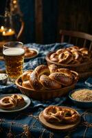 oktoberfest arrangement with delicious pretzel and beer festival photo