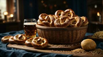 oktoberfest arrangement with delicious pretzel and beer festival photo