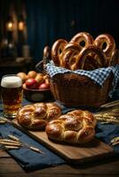 oktoberfest arrangement with delicious pretzel and beer festival photo