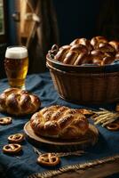 oktoberfest arrangement with delicious pretzel and beer festival photo