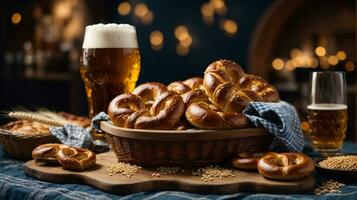 oktoberfest arrangement with delicious pretzel and beer festival photo