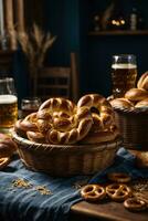 oktoberfest arrangement with delicious pretzel and beer festival photo