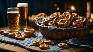 oktoberfest arrangement with delicious pretzel and beer festival photo