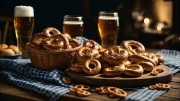 oktoberfest arrangement with delicious pretzel and beer festival photo