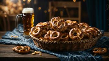 Oktoberfest arreglo con delicioso galleta salada y cerveza festival foto