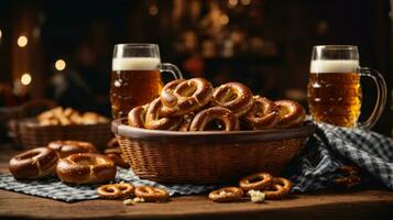 oktoberfest arrangement with delicious pretzel and beer festival photo