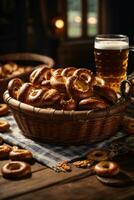 oktoberfest arrangement with delicious pretzel and beer festival photo