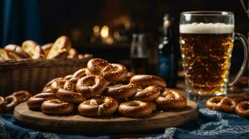 oktoberfest arrangement with delicious pretzel and beer festival photo