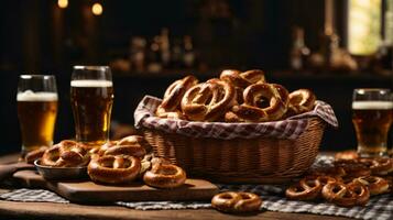 oktoberfest arrangement with delicious pretzel and beer festival photo