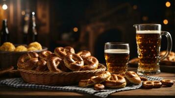 oktoberfest arrangement with delicious pretzel and beer festival photo