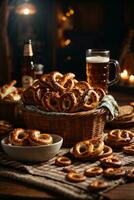 oktoberfest arrangement with delicious pretzel and beer festival photo