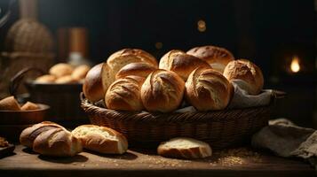 photo set of various bread on dark ambiance wooden table