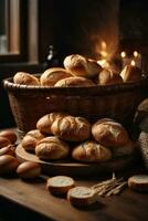 photo set of various bread on dark ambiance wooden table